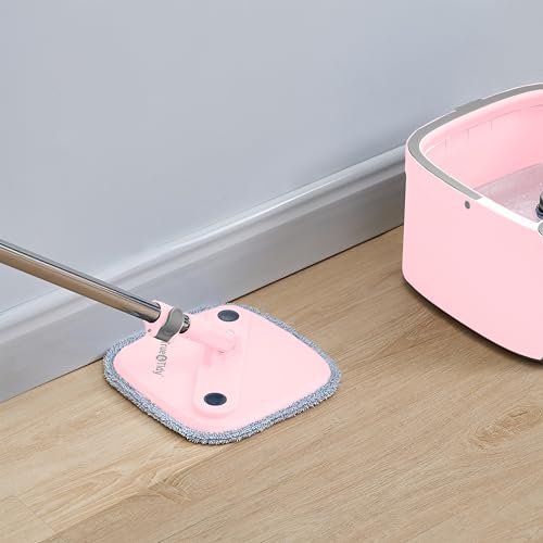 Spin Mop and Bucket with Separate Compartments for Clean and Dirty Water NEW 2025 Upgraded Version w/Side Brush and Self Standing Handle, Smart Square Mop w/ 2 Machine Washable Microfiber Pads, Rose - color: Pink