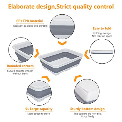 Goderewild Collapsible Dish Pans – 10L (2.6 Gal) Foldable Sink Tub, 14.5'' x 10.5'' x 5", Compact and Space-Saving Multiuse Foldable Basin for Dish Washing, Camping, RV and Vegetable Cleaning - color: Gray