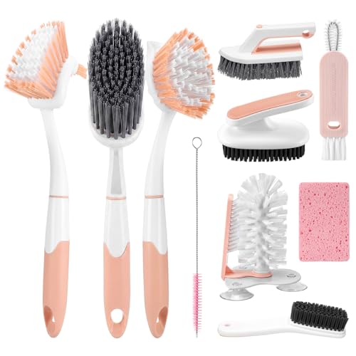 10 Pack Dish Brush Set for Household Use Kitchen Scrub Brushes with Non-Slip Long Handle Multi-Purpose Cleaning Brushes for Dishes Pot Pan Kitchen Sink Tub Cup Clothes Shoes Floor (Pink) - color: Pink
