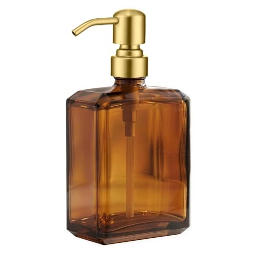 KEMINO Amber Soap Dispenser Square Bottle and Gold Pump, Glass Dish Soap Dispense, Refillable Hand Soap Dispenser with Stainless Steel Pump, 13.5 oz Lotion Dispenser for Bathroom, Kitchen Countertop - color: Amber Bottle With Brushed Gold Pump, size: 13.5