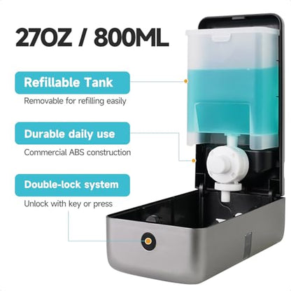 AIKE Wall Mount Liquid Soap Dispenser, 27oz Large Capacity with Extended Pump for Commercial Bathrooms,AK1008(Silver) - color: Silver