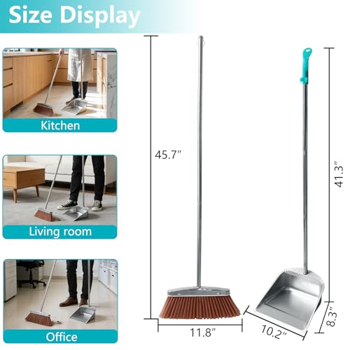 Stainless Steel Broom and Dustpan Set, 2-Piece, Long Handle Standing Design with Comb Teeth, Heavy Duty Windproof Upright for Home, Kitchen, Indoor Outdoor Use (Silver Teeth) - color: Silver Teeth
