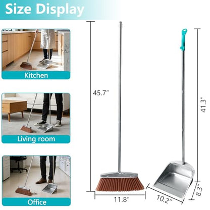 Stainless Steel Broom and Dustpan Set, 2-Piece, Long Handle Standing Design with Comb Teeth, Heavy Duty Windproof Upright for Home, Kitchen, Indoor Outdoor Use (Silver Teeth) - color: Silver Teeth