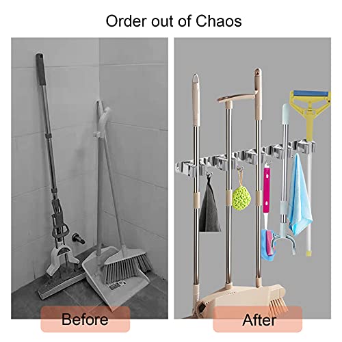 Mop and Broom Holder Wall Mount, Broom Hanger Wall Mount, 17" Mop Holder Stainless Steel with 5 Rack 4 Hooks for Home, Kitchen, Laundry Room, Garage, Garden, Bathroom, and 1 hook Separated included