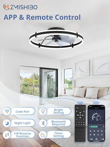 ZMISHIBO 24 Inch Ceiling Fans with Lights and Remote, Modern Low Profile Ceiling Fan, 3000-6000K Dimmable Flush Mount LED Fan Light, 6 Wind Speeds, Fandelier Ceiling Fans for Bedroom- Black - color: Black, size: 24 INCH