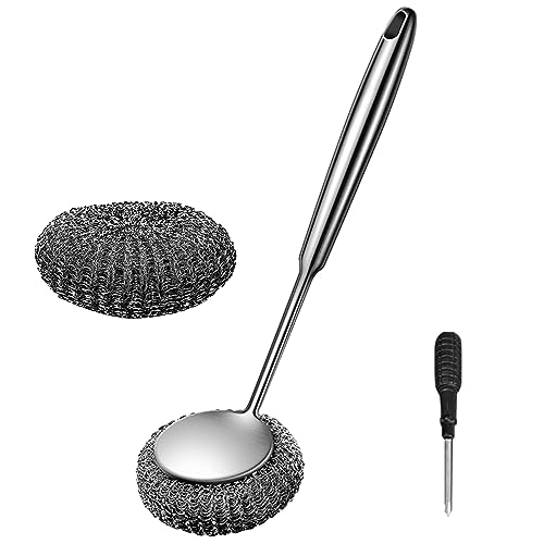 Stainless Steel Scourer Scrub Set with Long Handle Brush+Steel Ball+Screwdriver Metal Scouring Pad Removes Grease, Oil and Dirt Stains from Pots, Dishes and Bakeware (A) - color: A