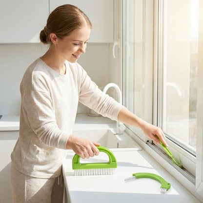 Crevice Cleaning Brush Set, Green 3-Piece Floor Gap and Detail Scrubber Kit with Hand Grip Cleaner and Narrow Angled Head, for Tile Lines, Sink Edges, Baseboards Maintenance