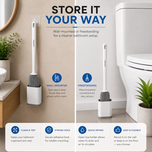 Silicone Toilet Brush and Holder Set with 3 Cleaning Tablets, Quick-Dry Base, Flexible Non-Scratch Bristles, Odor-Free Bathroom Toilet Bowl Cleaner Brush, Compact Space-Saving Design