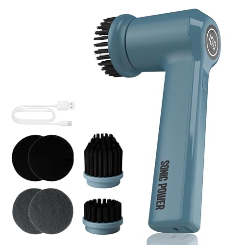 SonicPower Electric Spin Scrubber – Handheld & Ergonomic, IPX7 Waterproof, 4 Multi-Purpose Brush Heads, Long-Lasting Rechargeable Battery – Cleans Dishes, Bathroom, Tile, Grout & Kitchen (Steel Blue) - color: Steel Blue