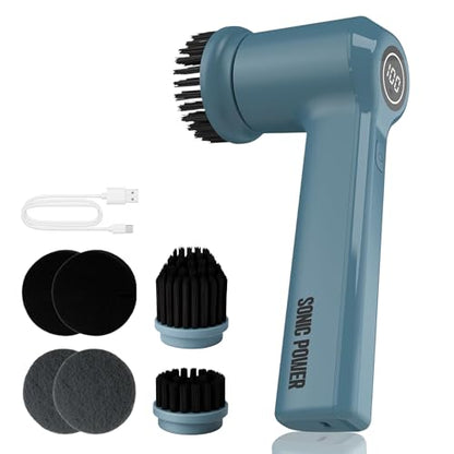 SonicPower Electric Spin Scrubber – Handheld & Ergonomic, IPX7 Waterproof, 4 Multi-Purpose Brush Heads, Long-Lasting Rechargeable Battery – Cleans Dishes, Bathroom, Tile, Grout & Kitchen (Steel Blue) - color: Steel Blue