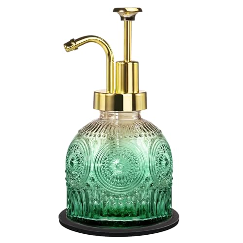 Amolliar 8 Oz Vintage Glass Bathroom Soap Dispensers with Pump, Refillable Kitchen Dish Soap Dispenser with Non-Slip Mat, Antique Rustic Hand Soap Liquid Bottle (Green Gradient-Golden Pump) - color: Green Gradient-golden Pump, size: 1 PACK