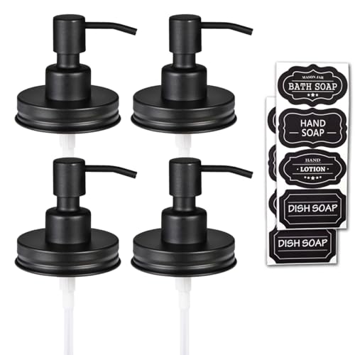 Amolliar Mason Jar Liquid Soap Dispenser Pump Lid, Stainless Steel Pump for 16oz Regular Mouth Jar, Rustic Farmhouse Decor, Kitchen Hand Soap, Dish Soap, Lotion Soap, Black 4 Pack, Extra 2 Long Tubes - color: Black, size: 4 Pack