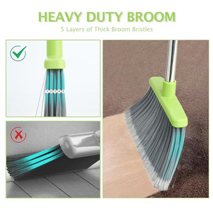 Broom and Dustpan Set, Dustpans with Broom Combo for Home, Heavy Dust Broom and Dustpan Combo, Long Handle Dust Pan and Broom Set for Kitchen, Office, Pet Hair(Gray Green) - color: Green 1-pack
