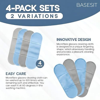 Finger Grip Eyeglass Cleaner (4 Pack) – Premium Microfiber Glasses Cleaning Cloth for Eyeglasses, Sunglasses, Phone Screen & Camera Lens (Blue/Gray) - color: Blue/Gray