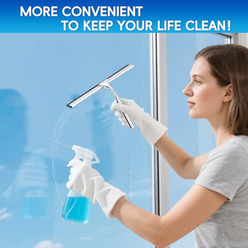 Shower Squeegee for Glass Doors,Stainless Steel Shower Door Squeegee,Windows, Mirrors, Car Windows, Tile Shower Walls, 10 Inch Silver,Durable Includes Shower Door Adhesive Hook