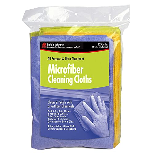 Buffalo Industries (65003 12" x 16" Ultra Absorbent, Gentle Microfiber Cleaning Cloths, Pack of 12 - Ultra-Fine Fibers Pick up Dirt and Polish Fine Finishes, Glass, Electronics, Appliances, Furniture