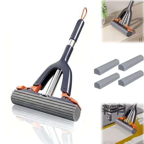 Small Tabletop Sponge Mop, Portable Self-Squeeze Lazy Mop, Compact Wet Dry Tool for Desktop, Kitchen Sink, Bathroom, Glass, Car.(2 Cotton Heads + 1 Squeeze Handle)