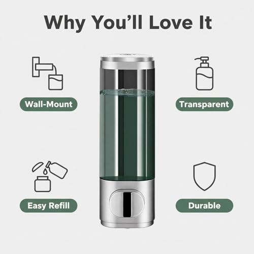 Silver Manual Bathroom Wall Mounted Soap Dispenser, 10oz/300ml Single Bathroom Shampoo and Conditioner Dispenser, Clear Plastic Refillable Liquid Lotion Pump Dispenser and Organizer - color: Silver