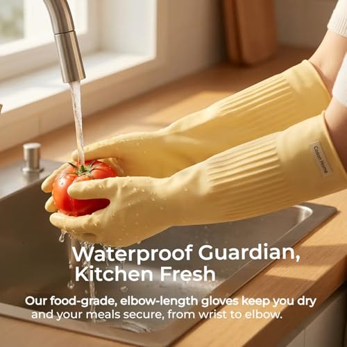 Elbow Length Long Rubber Dishwashing Household Cleaning Gloves, Reusable Full Arm Pretecting 17.8 Inches Length. - size: S: palm width: less 3"