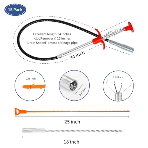 34inch Drain Snake (1pc), 25inch Hair Drain Clog Remover (10 pcs) & 18Inch Cleaner Brush (2 pcs), Sink Plumbing Snake Drain Tool Unclogger Tool Set For Kitchen, Bathroom Tub, Sewer, Toilet - style: 10pcs 25inch+1pcs 34inch+2pcs Cleaner Brush