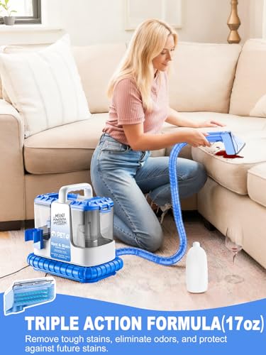 Portable Carpet & Upholstery Cleaner Machine for Pets, Spot, Stain, Couch Cleaner Machine with Powerful Suction and and Cleaning Solution, Car/Auto Detailer, Lightweight Compact Design, Blue - color: Blue w/ Cleaning Solution