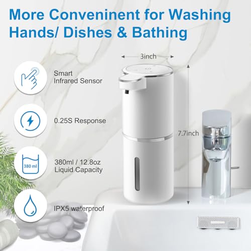 Automatic Foaming Soap Dispenser, 4-Level Adjustable Foam, Wall Mount, USB Rechargeable, 12.8oz/380ml, Touchless Hand & Dish Soap Dispenser for Bathroom, Kitchen, Hotel, Restaurant - color: White, style: Foam