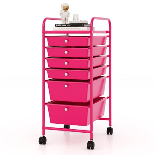 COSTWAY 6-Drawer Rolling Storage Cart, Multifunctional Art Craft Tools Organizer on Wheels, Heavy Duty Utility Mobile Storage Trolley w/ 2 Lockable Wheels for Home Office School, Hot Pink - color: Hot Pink, size: 6 Drawer