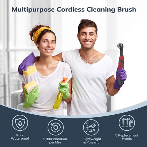 LifeBasis Cordless Electric Cleaning Brush, Mini Power Scrubber for Cleaning Waterproof Grout with 5 Brush Heads for Bathroom Kitchen Tile Crevice Corner - Red (Batteries Included)