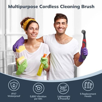 LifeBasis Cordless Electric Cleaning Brush, Mini Power Scrubber for Cleaning Waterproof Grout with 5 Brush Heads for Bathroom Kitchen Tile Crevice Corner - Red (Batteries Included)