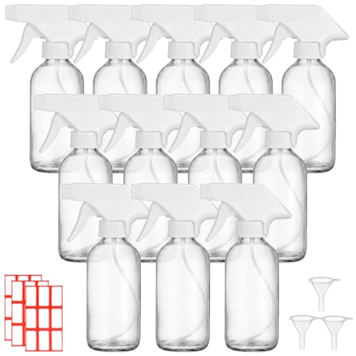 Norme 24 Pcs Glass Spray Bottles with Funnels and Labels 8 oz Refillable Cosmetic Empty Spray Containers with Trigger Squirt Containers for Essential Oil Cleaning Solutions (Transparent) - color: Transparent