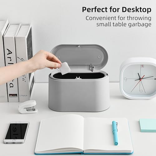 SUBEKYU 0.5 Gal Mini Countertop Trash Can with Lid for Desktop, Small Garbage Can for Office, Tiny Wastebasket, Plastic, Light Grey - color: grey with lid