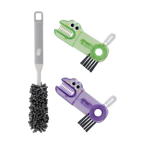 Peitushengjin Bottle Brush Cleaning Set: 12.2-inch Long-Handled Bottle Brush, Bottle Gap Cleane and, Cup Lid Cleaning Brush - color: 1 Gray Brush, 1 Green Brush, 1 Purple Brush