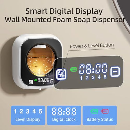 Automatic Soap Dispenser Touchless, Wall Mount Foam Hand Soap Dispenser, 5 Adjustable Foam Levels, Rechargeable 120-Day Battery, IPX5 Waterproof LED Clock for Bathroom Kitchen Sink 320ML (White) - color: Foam White