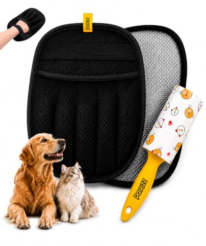 2 PCS PAWZZ Pet Hair Removal Glove for Dogs & Cats, Great for Deshedding & Removing Fur from Couch, Carpet, Car Seats & Clothing, with Bonus Lint Roller