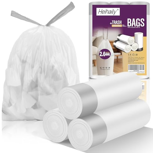 2.6-Gallon Trash Bags Heavy Duty - Heihaily Drawstring Kitchen Garbage Bags for Office/Bathroom, Leak-Proof Design, Odor Control Technology, Small Plastic Bags Clear(60 Count) - style: 2.6Gal white 60 Counts