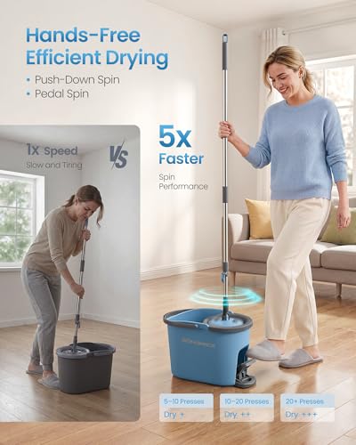 SONGMICS Spin Mop and Bucket Set with Pedal Wringer, Floor Cleaning Mop, Adjustable Telescopic Handle, Max. 59.1-Inch Length, 360° Rotating Head, 4 Microfiber Pads, Blue and Gray ULMB002QT04 - color: Blue + Gray, size: 4 Pads