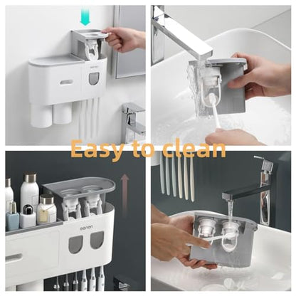 No-Drill Wall Mounted Toothbrush Holder, Bathroom Shelf, with Automatic Toothpaste Dispensers 4 Brush Hooks 2 Magnetic Cups 1 Cosmetic Drawer Organizer and Large Storage (1 Dispenser 2 Cups)