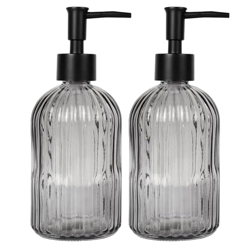 14Oz Black Pump Glass Soap Dispenser, Gray Stripe Countertop Refillable Liquid Bottle Hand Dish Lotion Dispenser with Plastic Pump, for Kitchen, Bathroom, 2 Set - color: 2 Pack Gray