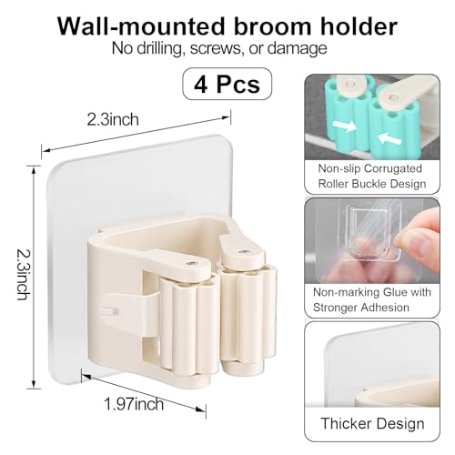 4Pcs Broom Holder Wall Mount Adhesive Mop Hanger No-Drill Strong Hold Hook Waterproof Mop and Broom Organizer Space Saving Storage Rack(White) - color: Beige