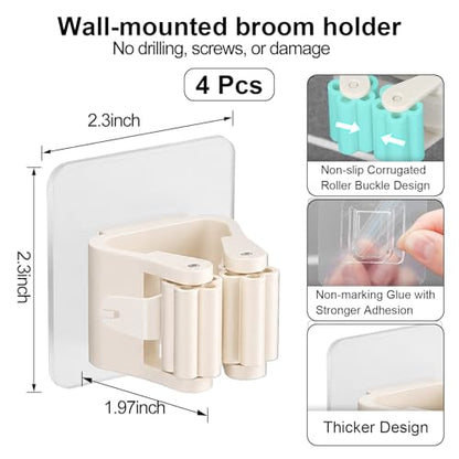 4Pcs Broom Holder Wall Mount Adhesive Mop Hanger No-Drill Strong Hold Hook Waterproof Mop and Broom Organizer Space Saving Storage Rack(White) - color: Beige