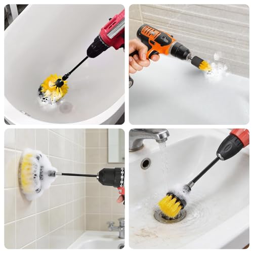 6Pcs Drill Brush Attachment Set, Power Scrubber Cleaning Kit with Extended Reach Attachment, Medium Stiffness Nylon Bristles for Bathroom Grout, Tile, Tub, Shower, Kitchen, Car, Universal Fit