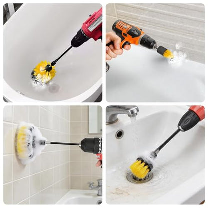 6Pcs Drill Brush Attachment Set, Power Scrubber Cleaning Kit with Extended Reach Attachment, Medium Stiffness Nylon Bristles for Bathroom Grout, Tile, Tub, Shower, Kitchen, Car, Universal Fit