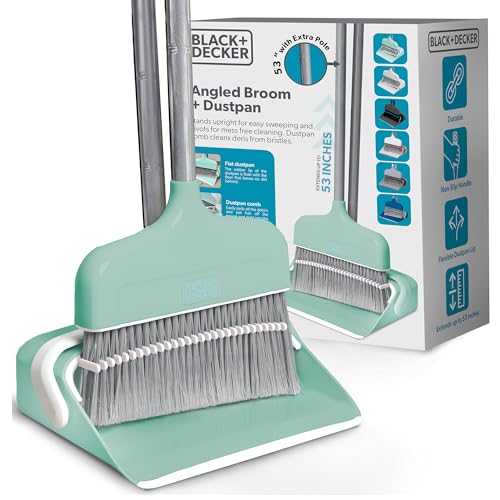 BLACK+DECKER Butler Broom & Dustpan Set - Short Handle, Stand-Up Design - Lightweight, Space-Saving Combo for Kitchen, Living Room, Bathroom, Lobby Floors - Home Cleaning Essential, Teal/Grey - size: Teal Butler Broom & Dustpan