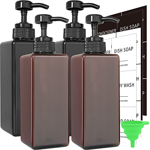 Soap Dispenser with Waterproof Labels, Thickened Plastic Hand Soap Dispenser for Bathroom, Kitchen Dish Washing Liquid Bottles, Shampoo and Conditioner Bottles with Funnel (16oz 4Pack Black Amber) - color: 2 Black + 2 Amber