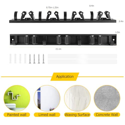SLIIMU Movable 30'' Broom and Mop Holder Wall Mount with Sliding 7 Racks 8 Hooks, Storage Organizer Wall Hanger, Cleaning Tool Hanging Grippers for Kitchen Bathroom Garden Garage Laundry Home Closet