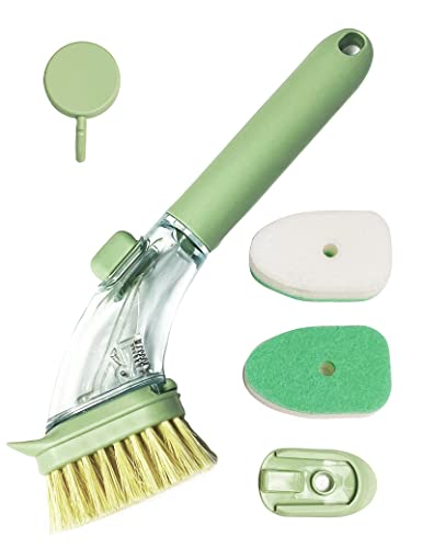 DAJOOEE Dish Brush with Soap Dispenser, Green, Nylon Bristles, Iron and Silicone Handle, 3 Replacement Heads, Kitchen Cleaning Brush