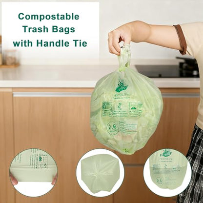 HECTOLIFE 2.6 Gallon 300 Count,Compostable Bags Handle Tie,Tear Resistant Kitchen Food Scrap Waste Bag, ASTM D6400, US BPI and Europe OK Compost Home Certified - style: 2.6gallon (300count)