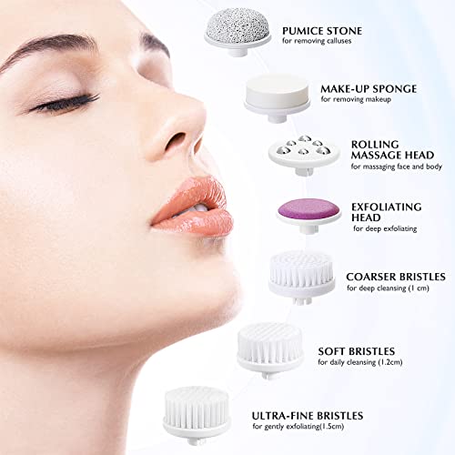 COSLUS Facial Cleansing Brush Silicone Face Scrubber: 7 in 1 FBS-D Electric Exfoliating Rotating Massage Device Waterproof Deep Cleaning Exfoliation Spa Machine - Electronic Skin Care Wash System - color: Pearl Pink, size: With 7 brush heads