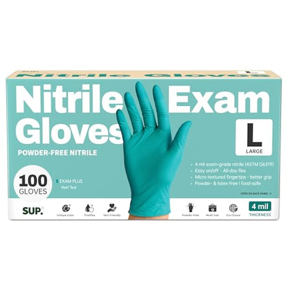 SUP Powder-Free Nitrile Exam Gloves, 100 Count Food Safe Latex-Free Disposable Gloves for Medical Lab Cooking Cleaning, Teal - color: Large (Reef Teal)
