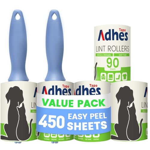 ADHES Lint Roller for Pet Hair – 5 Rolls + 2 Handles, 4 Inch x 90 Sheets, Extra Sticky Disposable Lint Rollers for Clothes, Furniture & Car Hair Removal – Portable Pet Hair Remover